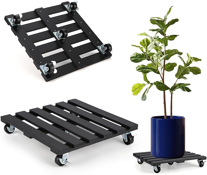 2 Pack Plant Stand with Wheels, Flower Pot, Patio-Black by PRAQECZ