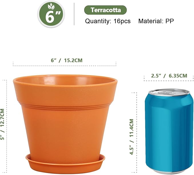 6 inch Plastic Nursery Pots, 16 Pack Plant Pots - Image 2