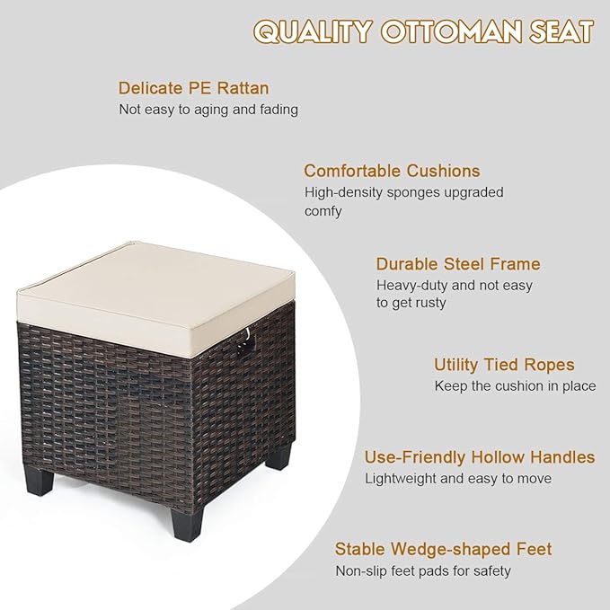 Tangkula 2 Pieces Outdoor Patio Ottoman, All Weather Rattan Wicker Ottoman Seat - Image 6