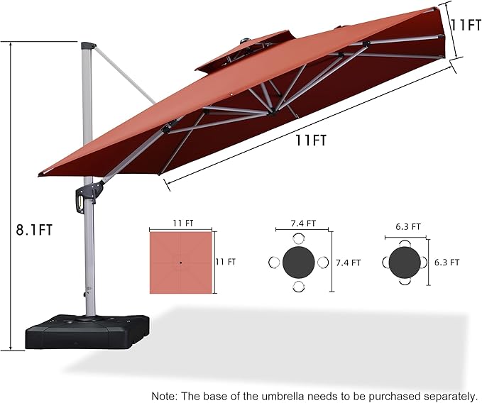 PURPLE LEAF 11 Feet Double Top Deluxe Square Patio Umbrella Offset Hanging - Image 8