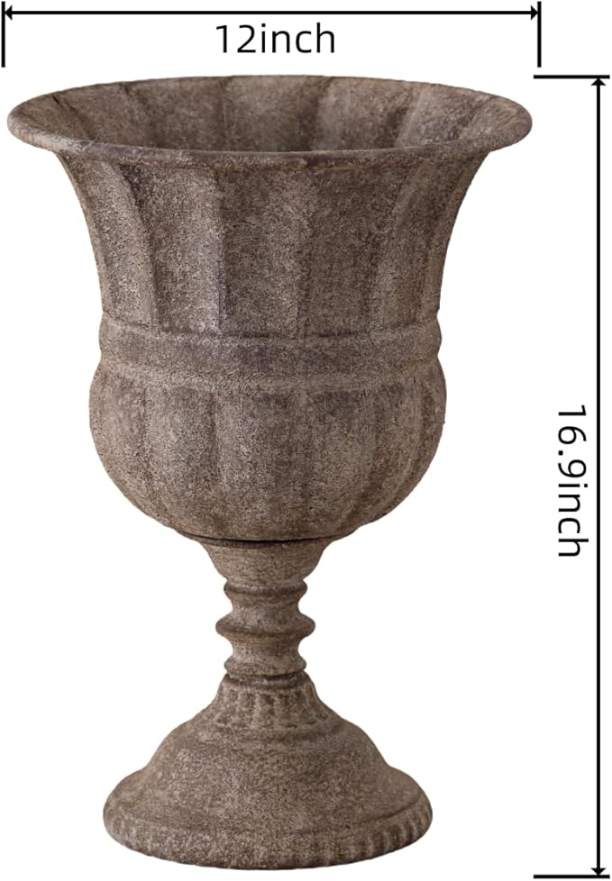 Vintage Urn Planter with Embossed Pattern, Imitation Stone Finish Flower Pot - Image 2