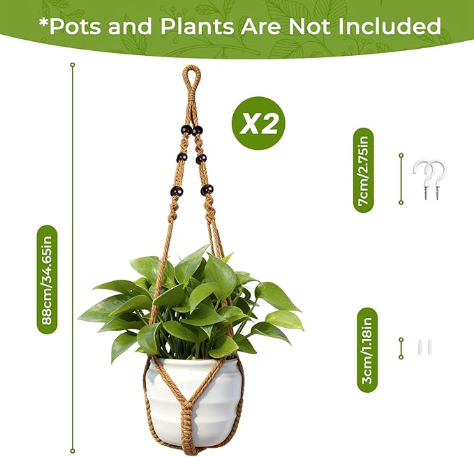 Macrame Plant Hanger, Wood Beads Cotton Hanging Planter Holder - Image 5