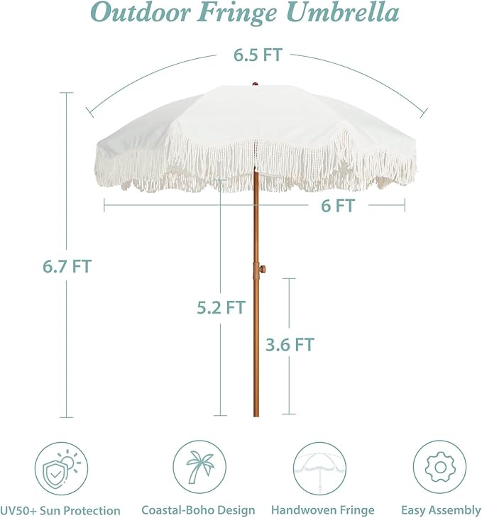 AMMSUN Boho Fringe Umbrella Outdoor Patio, 6.5ft UPF50+ Picnic Umbrella - Image 6
