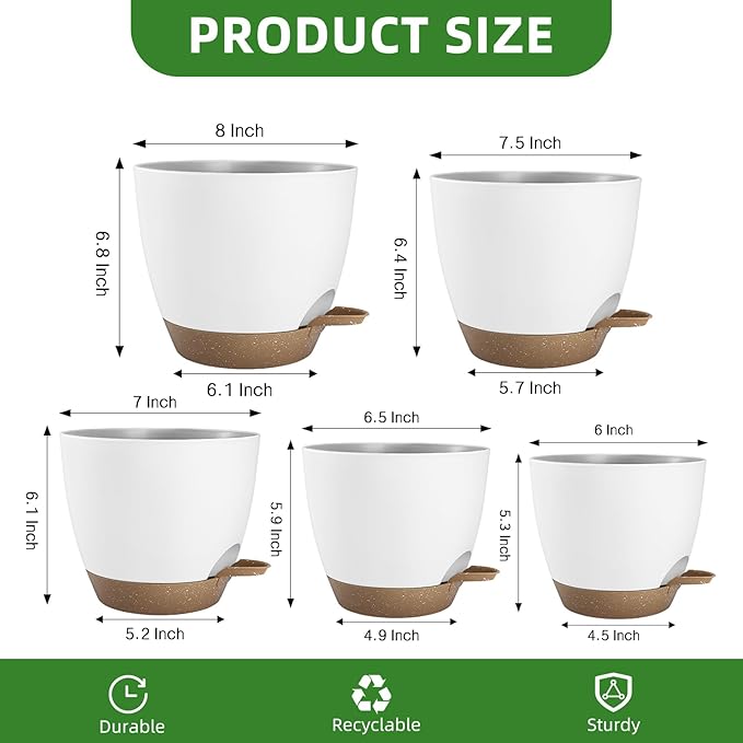 Plant Pots 8/7.5/7/6.5/6 Inch Self Watering Pots, 5 Pack Planters - Image 3