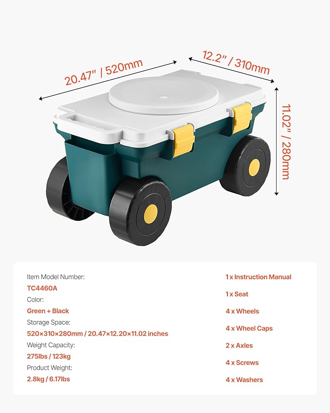 VEVOR Garden Scooter with Seat, 2 in 1 Rolling Garden Cart with Storage Bin - Image 7