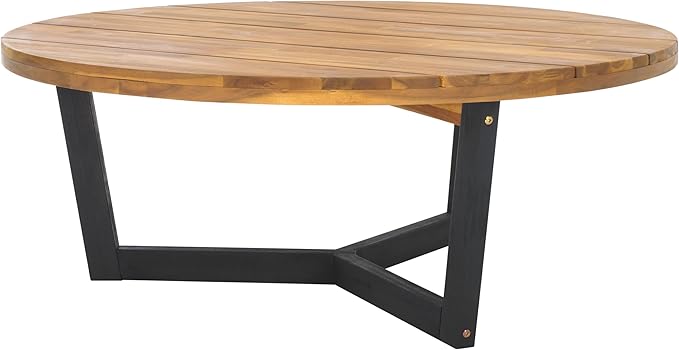 SAFAVIEH Outdoor Collection Leo Natural/Black Solid Wood Round Coffee Table - Image 7