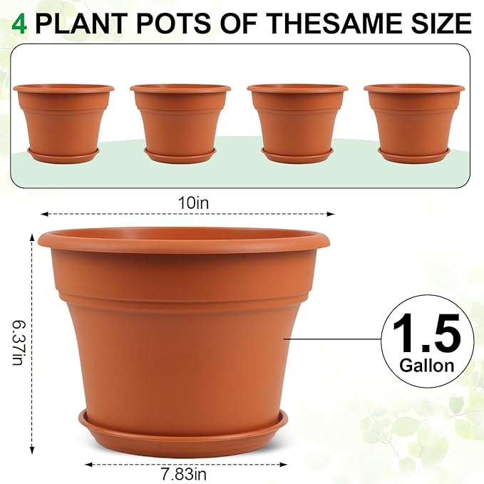 10 Inch Plastic-Flower-Pot-for-Indoor-Plants, 4 Pack Large Outdoor Planter Pot - Image 3