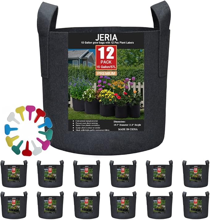 JERIA 12-Pack 15 Gallon Grow Bags, 300G Thickened Nonwoven Garden Pots by JERIA