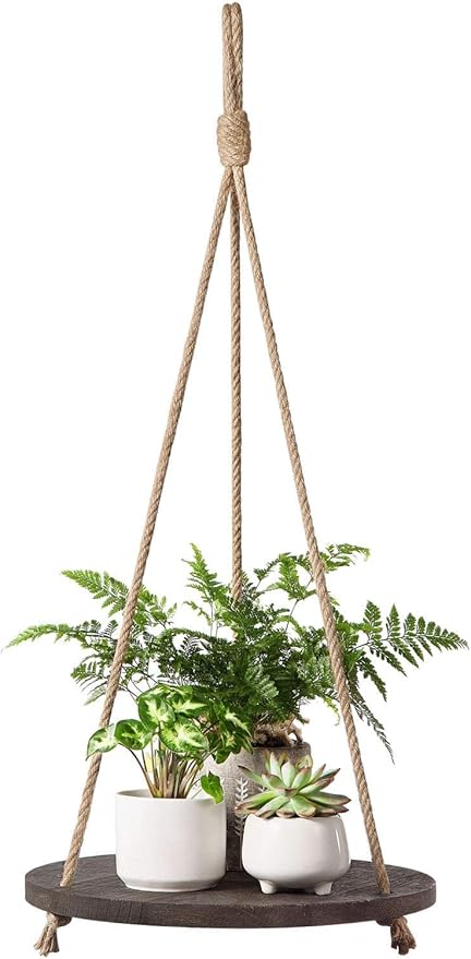Dahey Hanging Plant Shelf Round Wood Rope Hanging Floating Shelf Vintage Home by Dahey