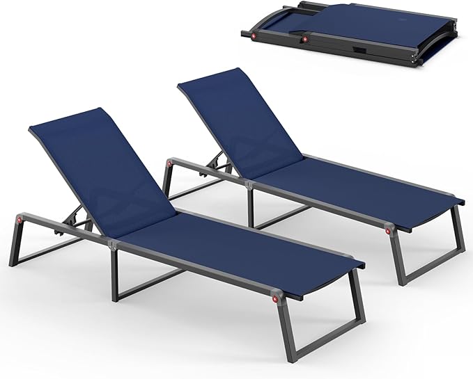 Aluminum Chaise Lounge Outdoor Set of 2, Foldable & Assembly Free Patio Pool by Oasbira