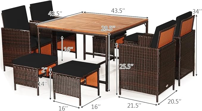 Tangkula 9 Pieces Acacia Wood Patio Dining Set, Space Saving Wicker Chairs and - Image 6