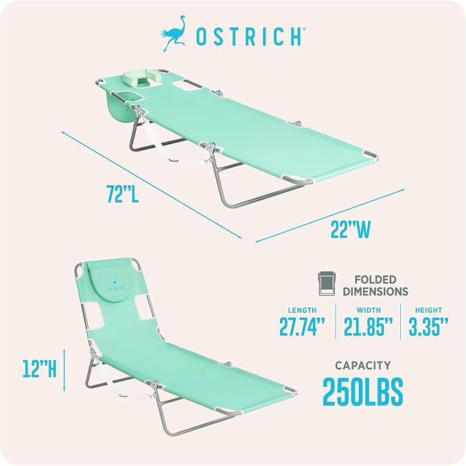 Ostrich 4-Position Outdoor Chaise Lounge w/Face Cushion & Arm Holes, Teal - Image 3