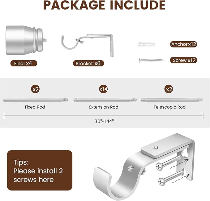 Silver Curtain Rod 30-144 inch 2 Pack, Fit 30 to 142, 66 to 120 inch Windows - Image 2