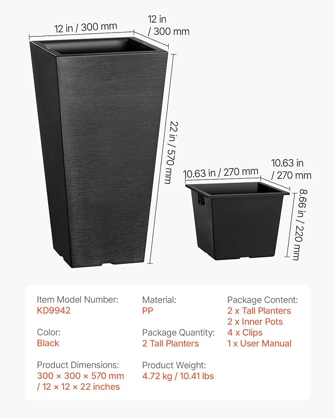 VEVOR Set of 2 Tall Outdoor Planters 22inch, Large Planters - Image 7