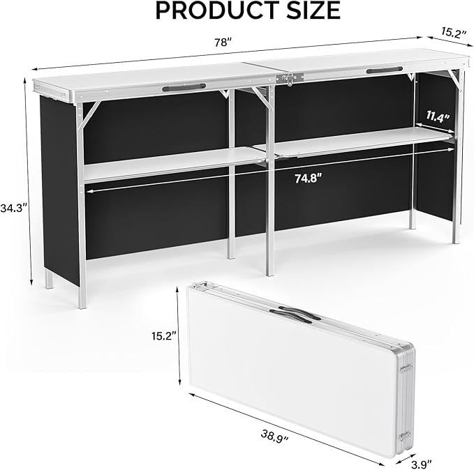 VINGLI 78" Portable Bar Table, 2-Tier Shelves, Mobile Bar Table - Image 3