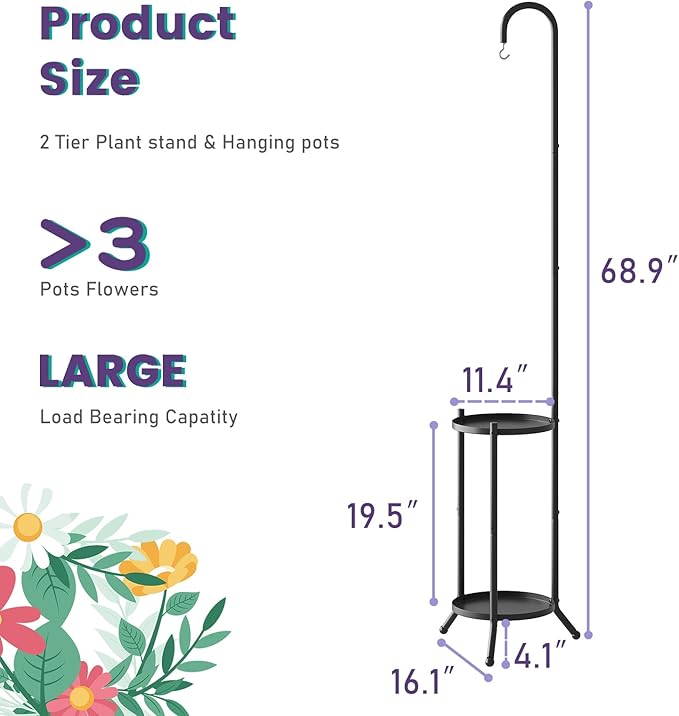 2-Tier Metal Plant Stand with Hanging Hook, Indoor Outdoor Plant Shelf - Image 6