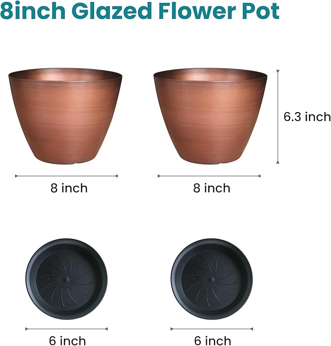 2 Pack Plastic Plant Pots with Drainage Holes, 8 inch Planter - Image 2