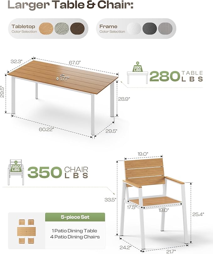 67"*32.3"*29.5" Patio Dining Table, Seamless Rectangle Aluminum + HDPS Outdoor - Image 7