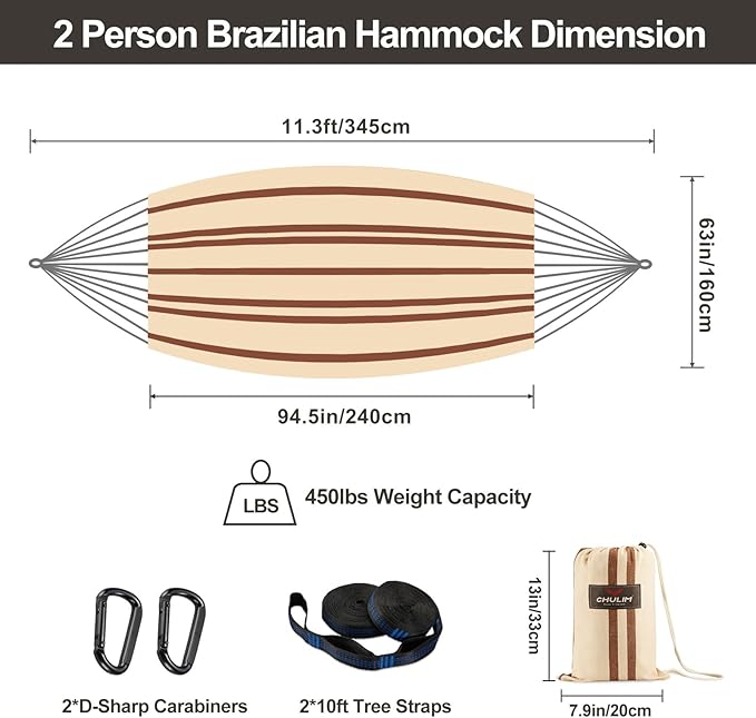 Brazilian Double Hammock with Tree Straps, Extra Large 94x63IN, 2 Persons - Image 3
