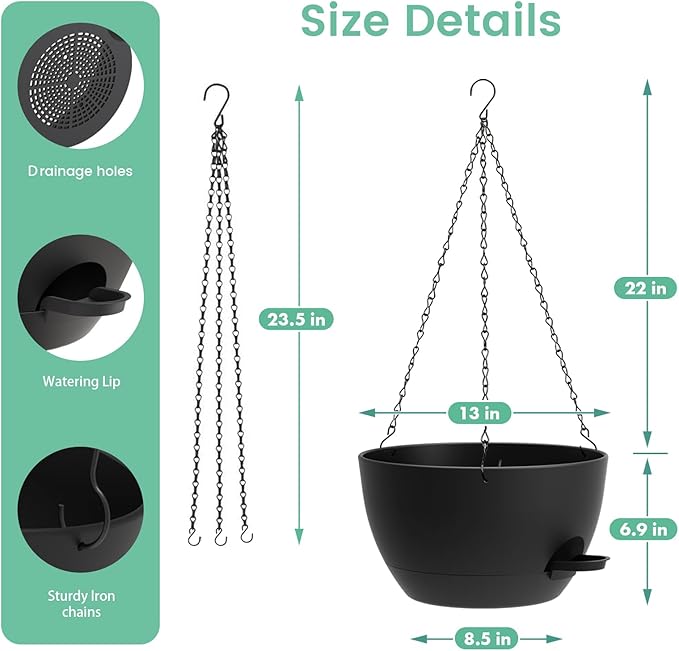 13 Inch 2 Pack Large Self Watering Hanging Planters - Image 5