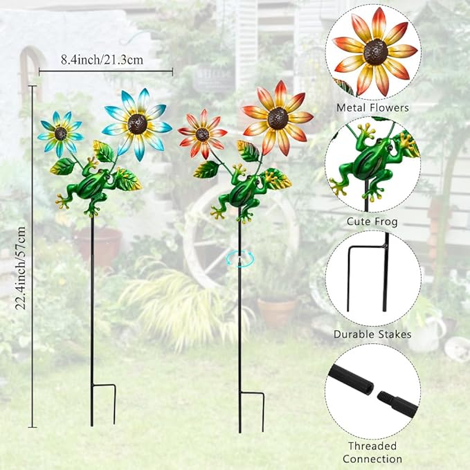 3 Pack Frog＆Flowers Garden Stakes Decor, Metal Yard Art Decorative Garden Stakes - Image 3