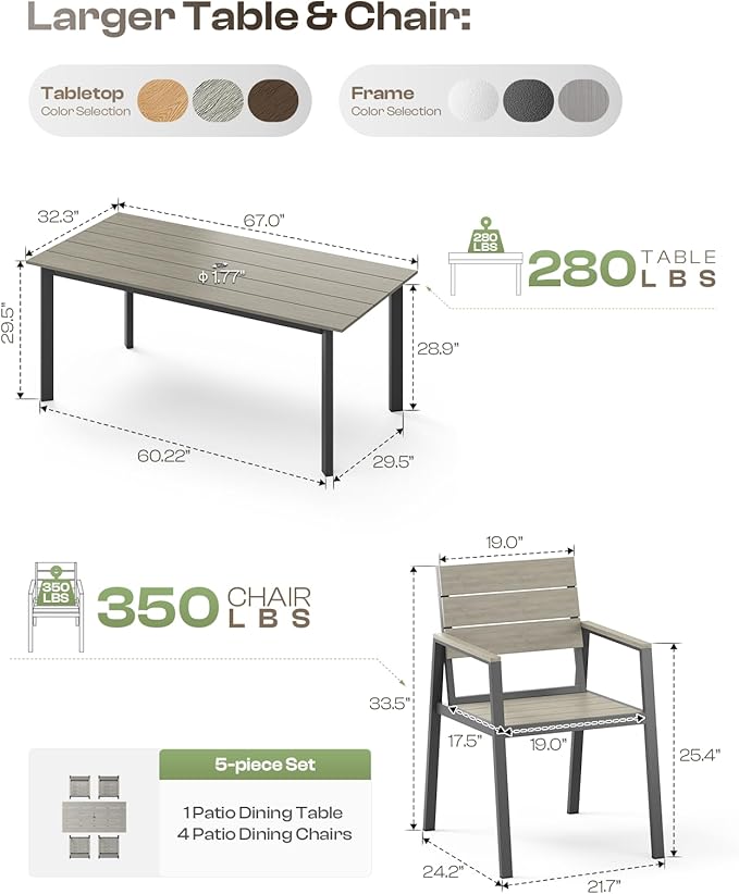Outdoor Dining Set for 4, Aluminum Patio Table and Chairs Set - Image 6