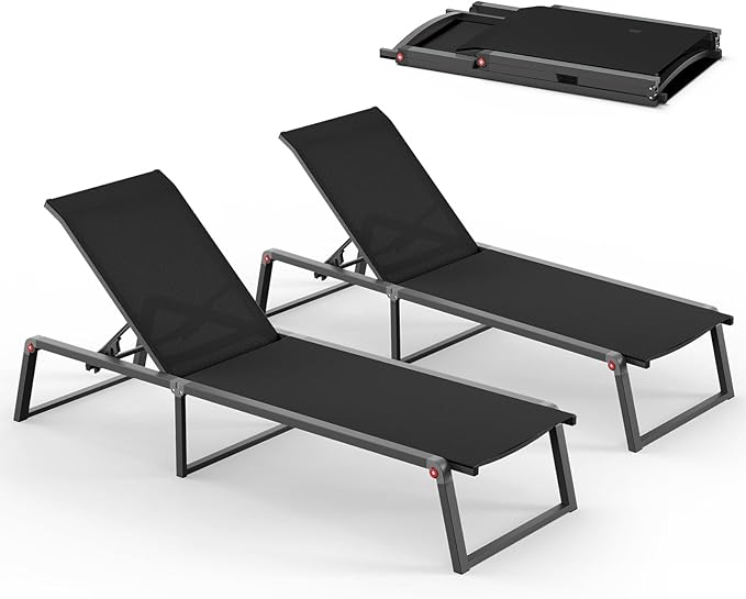 Aluminum Chaise Lounge Outdoor Set of 2, Foldable & Assembly Free Patio Pool by Oasbira