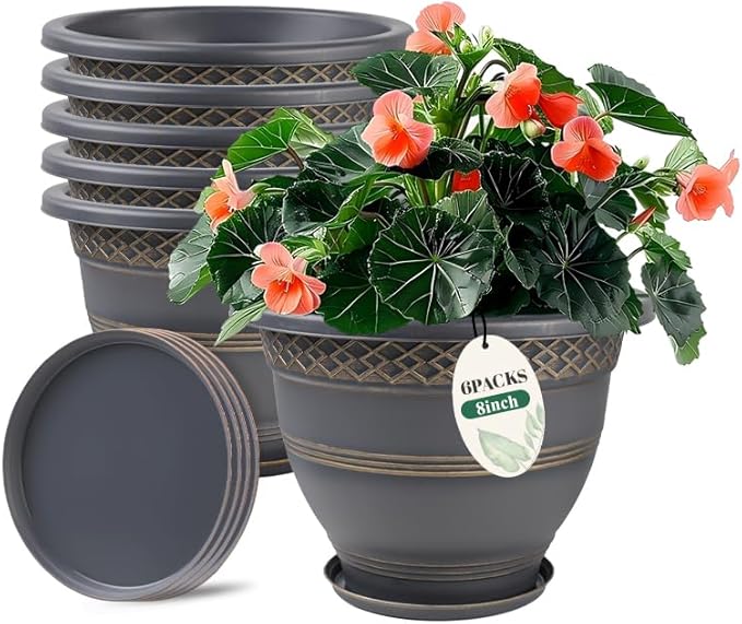 6 Pack 8 Inch Plant Pots, Plastic Flower Pot by Usocik
