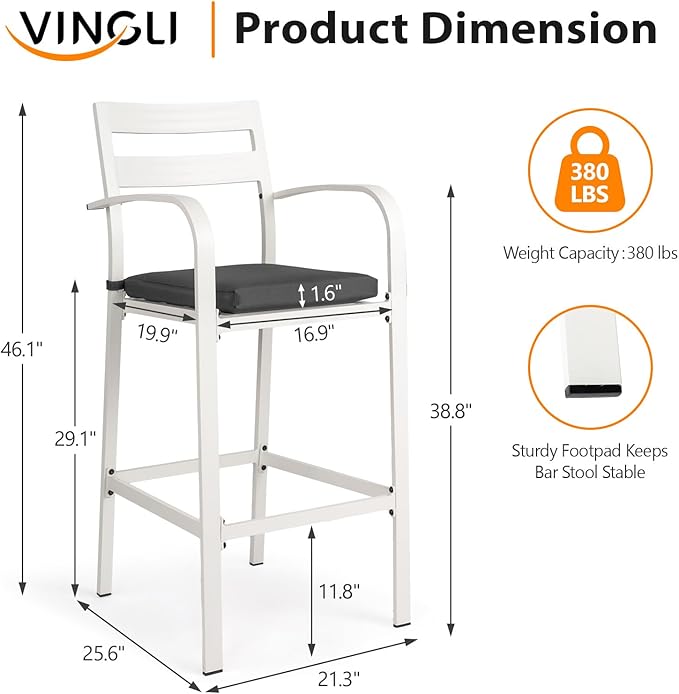 VINGLI Outdoor Bar Stools Set of 2, All-Weather Bar Height Aluminum Stools - Image 3