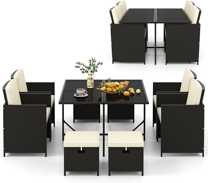 Tangkula 9 Pieces Outdoor Dining Furniture Set, Space-Saving Wicker Rattan by TANGKULA