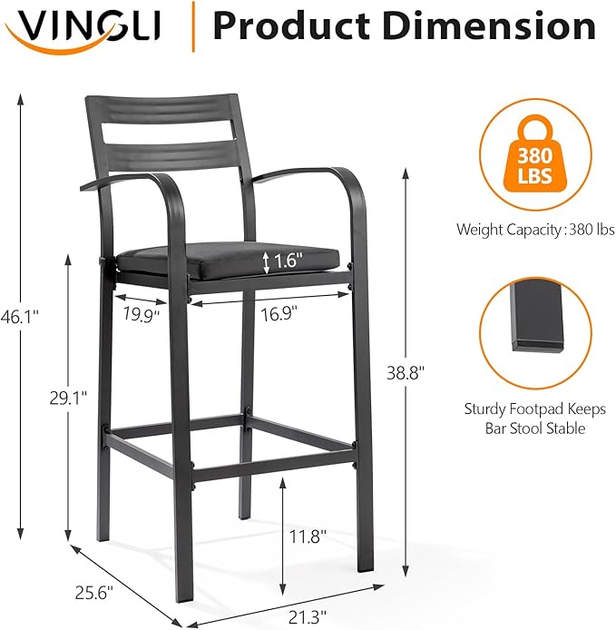 VINGLI Outdoor Bar Stools Set of 2, All-Weather Bar Height Aluminum Stools - Image 3