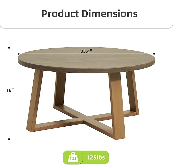 Indoor Round Coffee Table with 35.5” Woodgrain Finish Table Top, Outdoor Metal - Image 2
