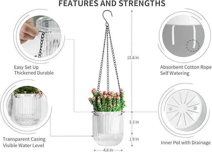 Josteve 4.5 Inch 2 Pcs Self Watering Hanging Planter Indoor Plant Pots Drainage - Image 5