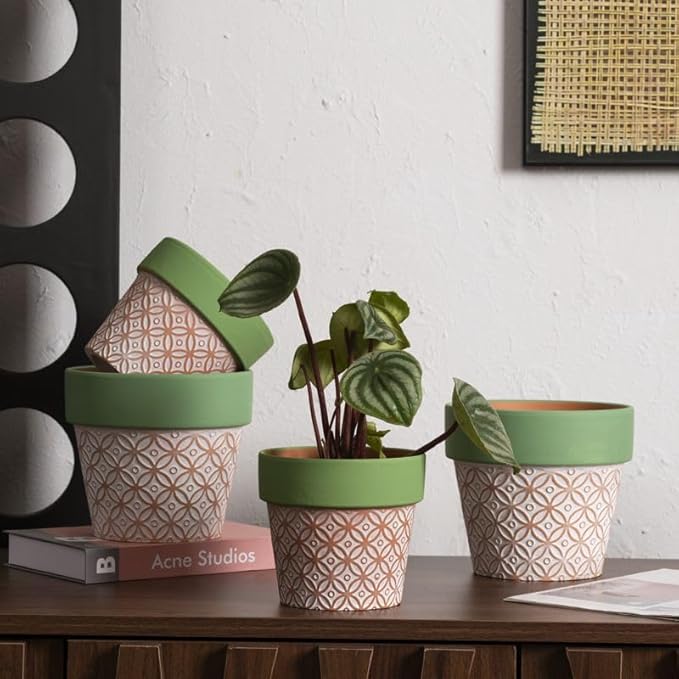 Terracotta Plant Pots Set of 2-4.7 Inch Vintage Pattern Clay Flowerpots - Image 7