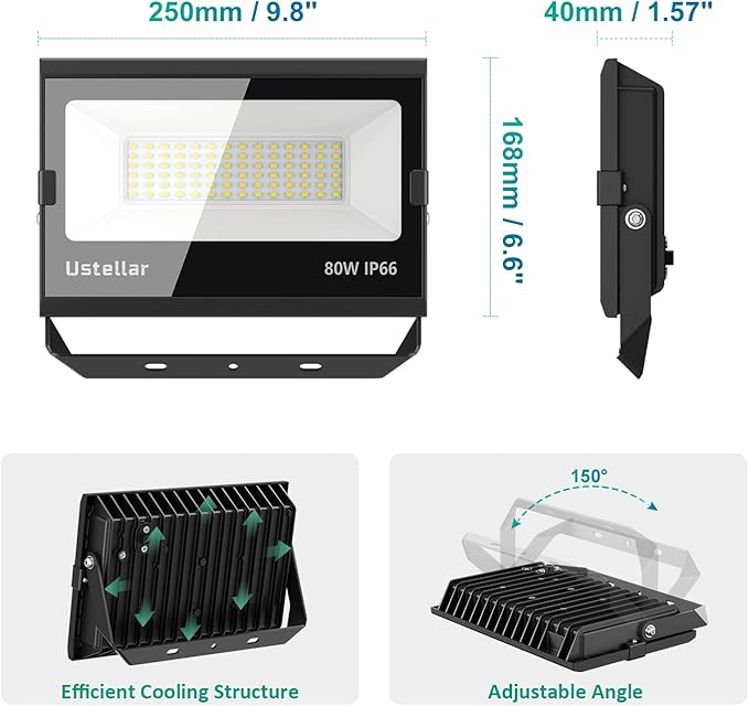 USTELLAR 3 Pack 80W LED Flood Lights Outdoor Hardwired Bright 800W Equiv. - Image 5
