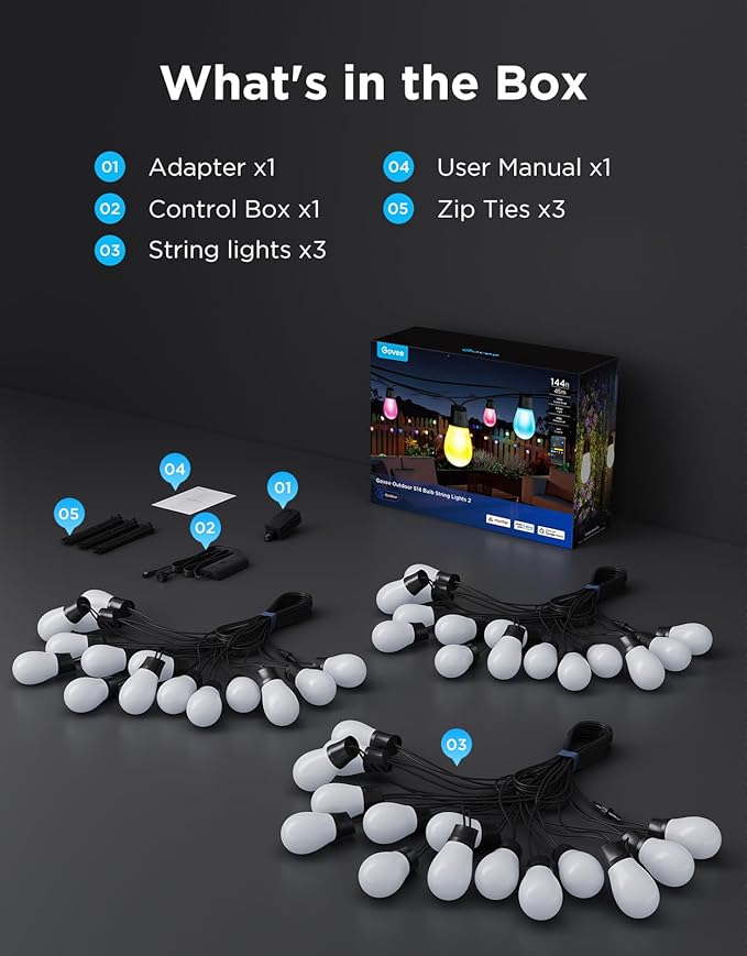 Govee S14 Bulb Outdoor String Lights 2, 144ft RGBIC Smart Warm White Outdoor - Image 9