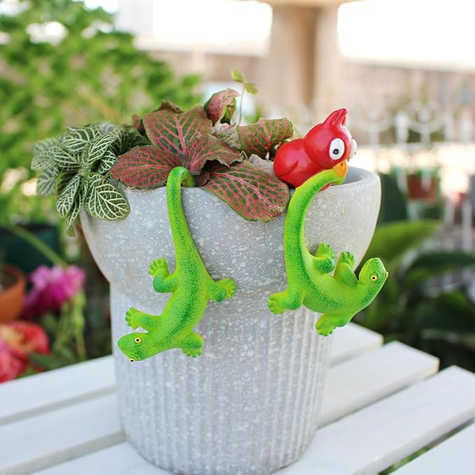 Set of 2 Funny Bird Catching Gecko Figurines Flower Pot and Vase Hugger - Image 4