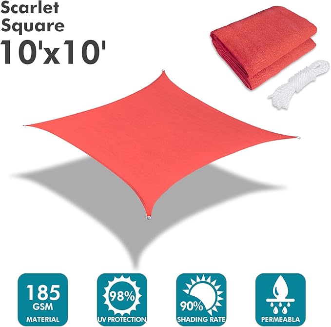 KANAGAWA Sun Shade Sail 10'x10' Scarlet Rectangle UV Block Canopy Awning - Image 2