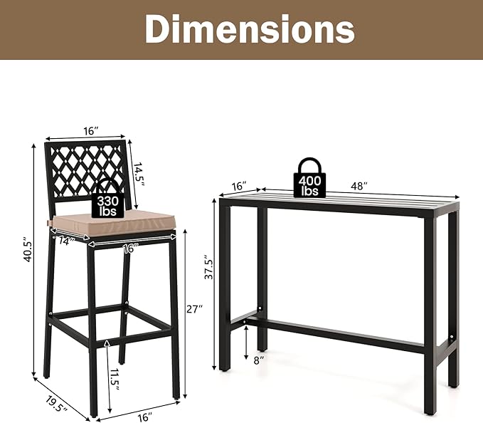 COSTWAY 3 Piece Outdoor Bar Table and Chairs Set, Metal Patio Bar Table Set - Image 3