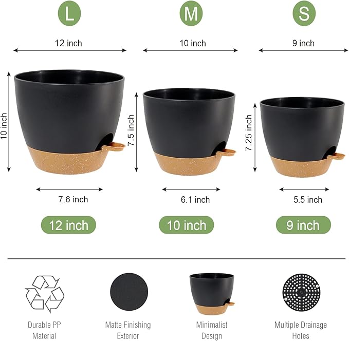 Large Self Watering Pots, 12/10/9 Plastic Planters - Image 2