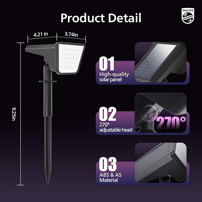 Philips 2 Packs Solar RGBW Spot Lights Outdoor, 18 LED Solar Powered Landscape - Image 4