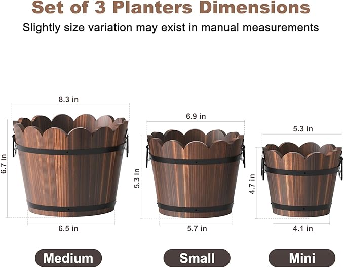 Wooden Bucket Barrel Planters, Rustic Patio Planters Flower Pots - Image 2