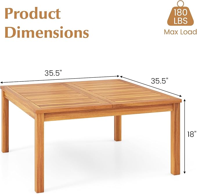 Tangkula Patio Wood Coffee Table, Solid Acacia Wood 35.5 Inches Side Table - Image 3
