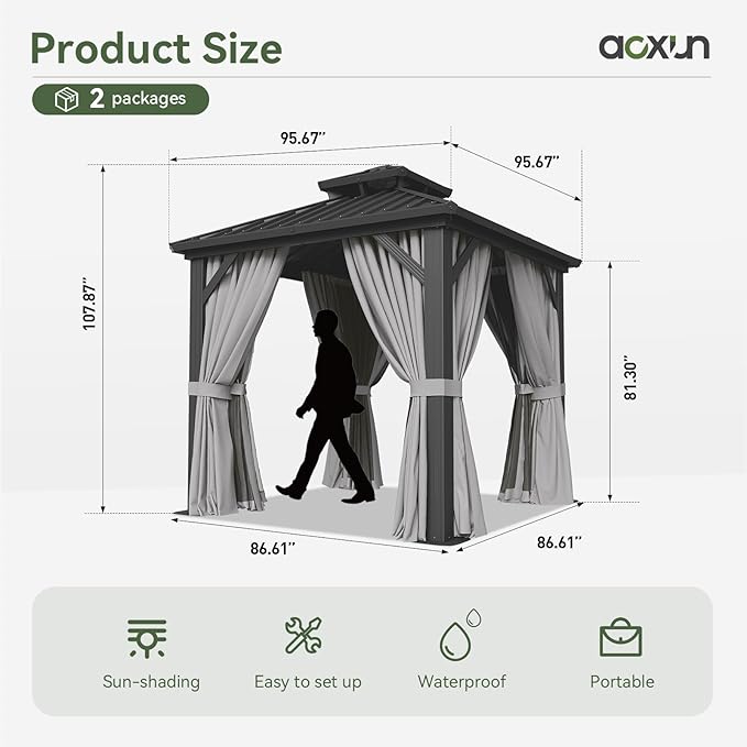 Aoxun 8'x8' Hardtop Gazebo, Aluminum Frame Canopy - Image 3