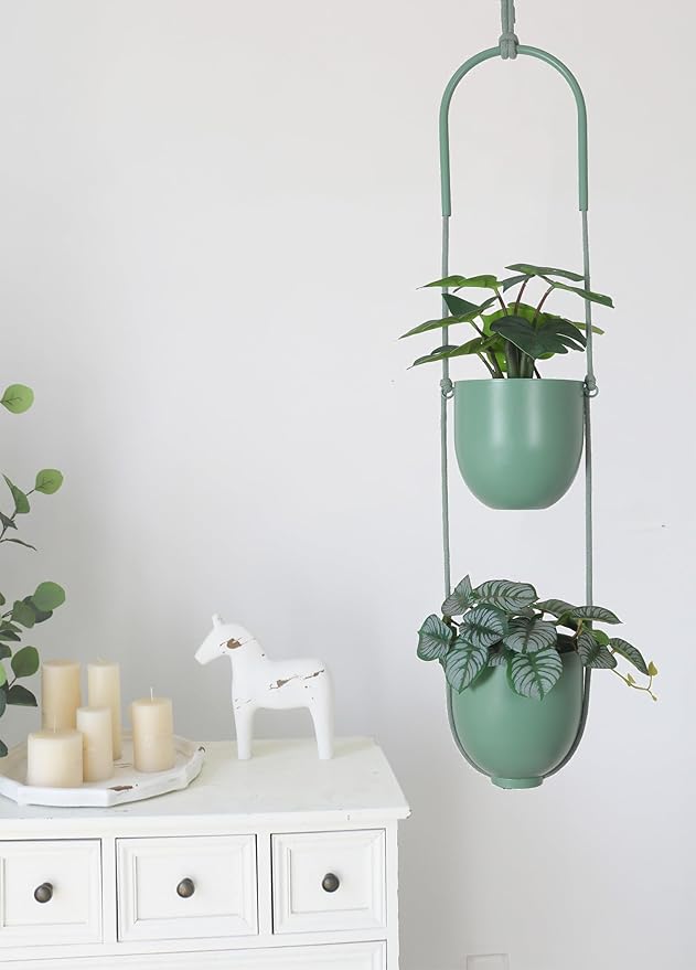 Metal Hanging Planters 2 Tiers Indoor Outdoor Modern Plant Hangers Wall Ceiling - Image 3