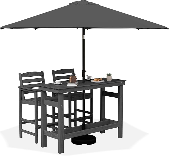 SERWALL Outdoor Bar Set with 9ft Umbrella, All-Weather HDPE Patio Bar Chairs by SERWALL