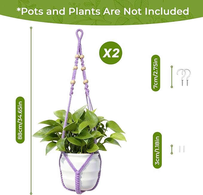 Macrame Plant Hanger, Wood Beads Cotton Hanging Planter Holder - Image 5