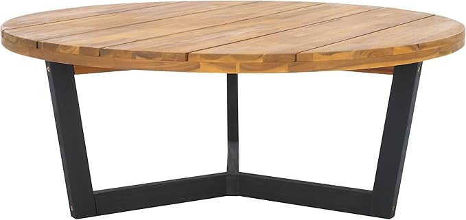 SAFAVIEH Outdoor Collection Leo Natural/Black Solid Wood Round Coffee Table - Image 4