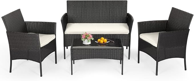 FDW | 4-Piece Patio Furniture Set | Black | Outdoor Wicker Furniture by FDW