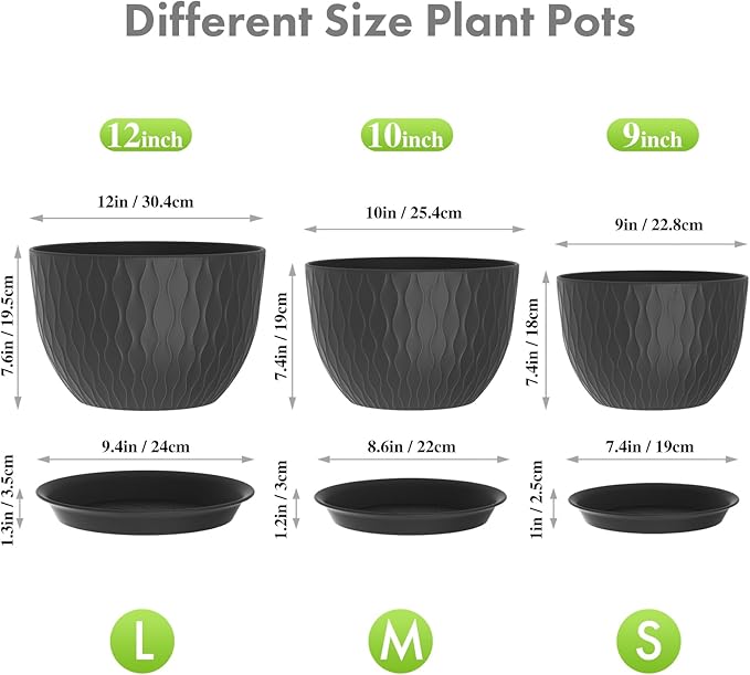 12/10/9 inch Large Plant Pots, 3 Pack Wide Flower Pots - Image 2